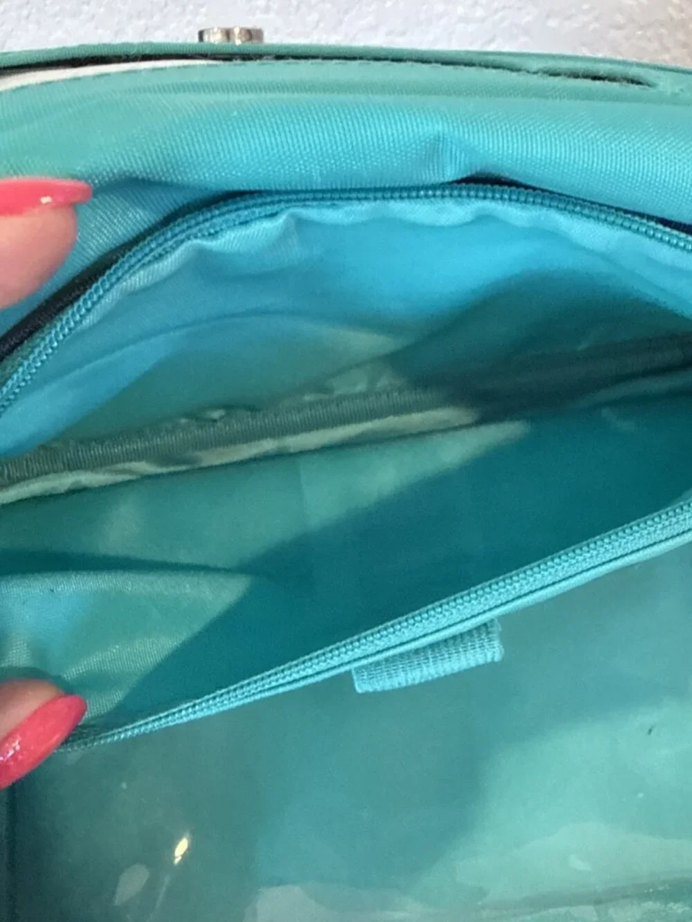 Thirty One Mirror Makeup Cosmetics Bag Navy With Green Polka Dots Tri Fold